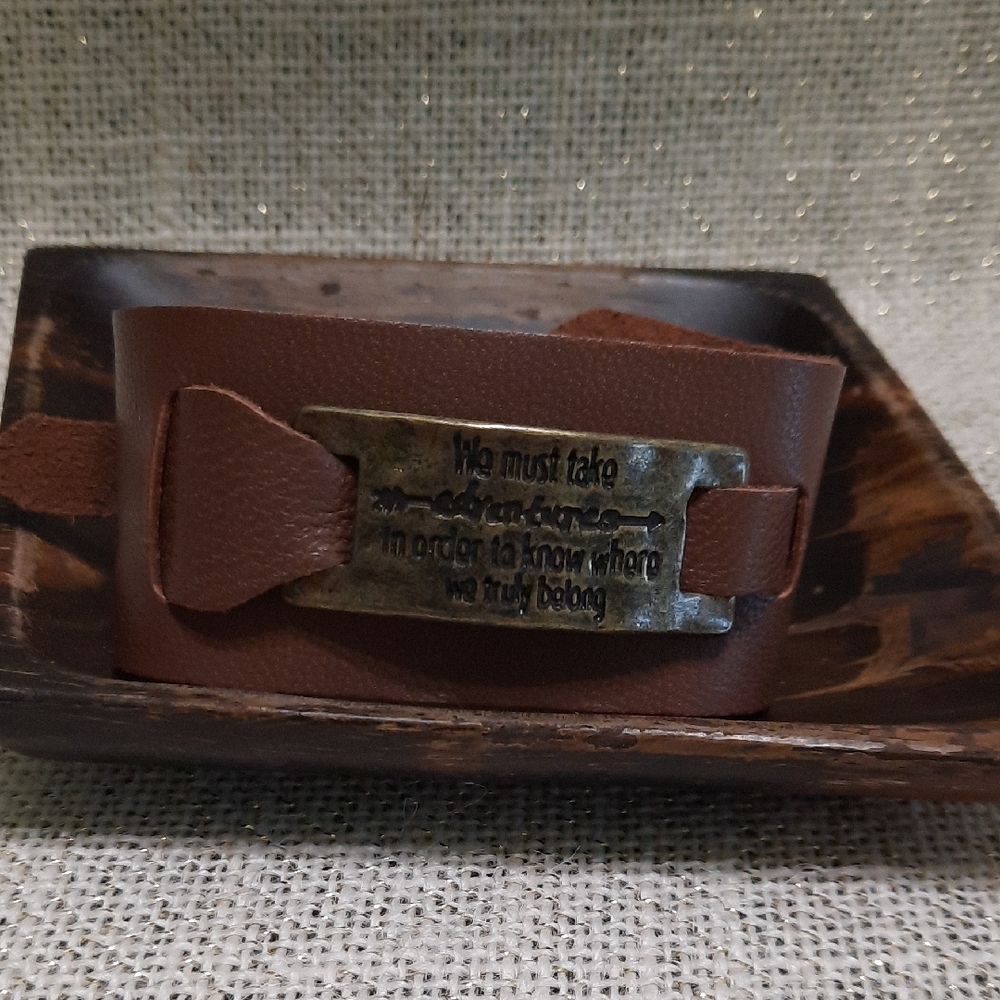 Brown Leather Bracelet with Antique Bronze Metal Inspirational Quote